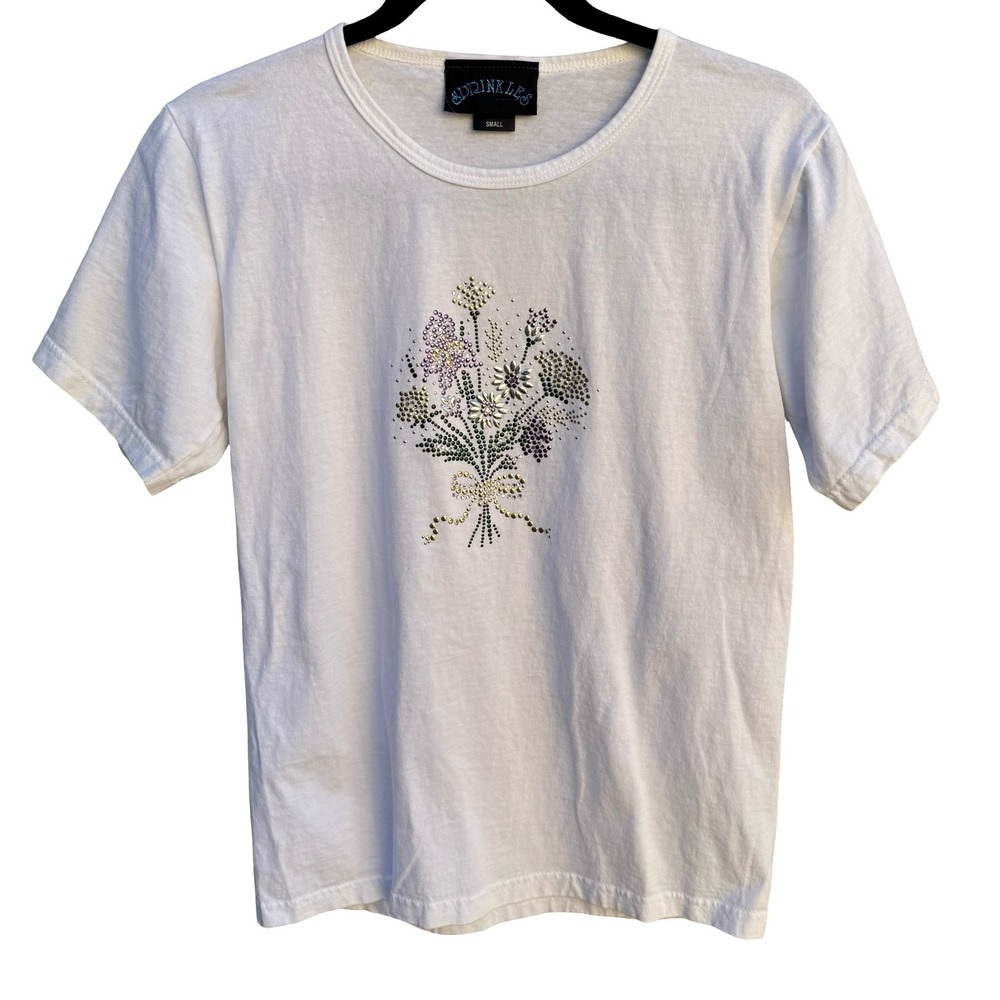 Sprinkles Vintage Y2K Rhinestone Floral Studded Cotton T-Shirt S Made in USA